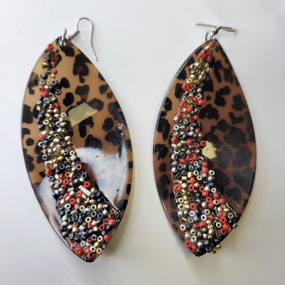Dark Brown Animal Print Earrings with Sequin Beads Dark Brown Long Earrings